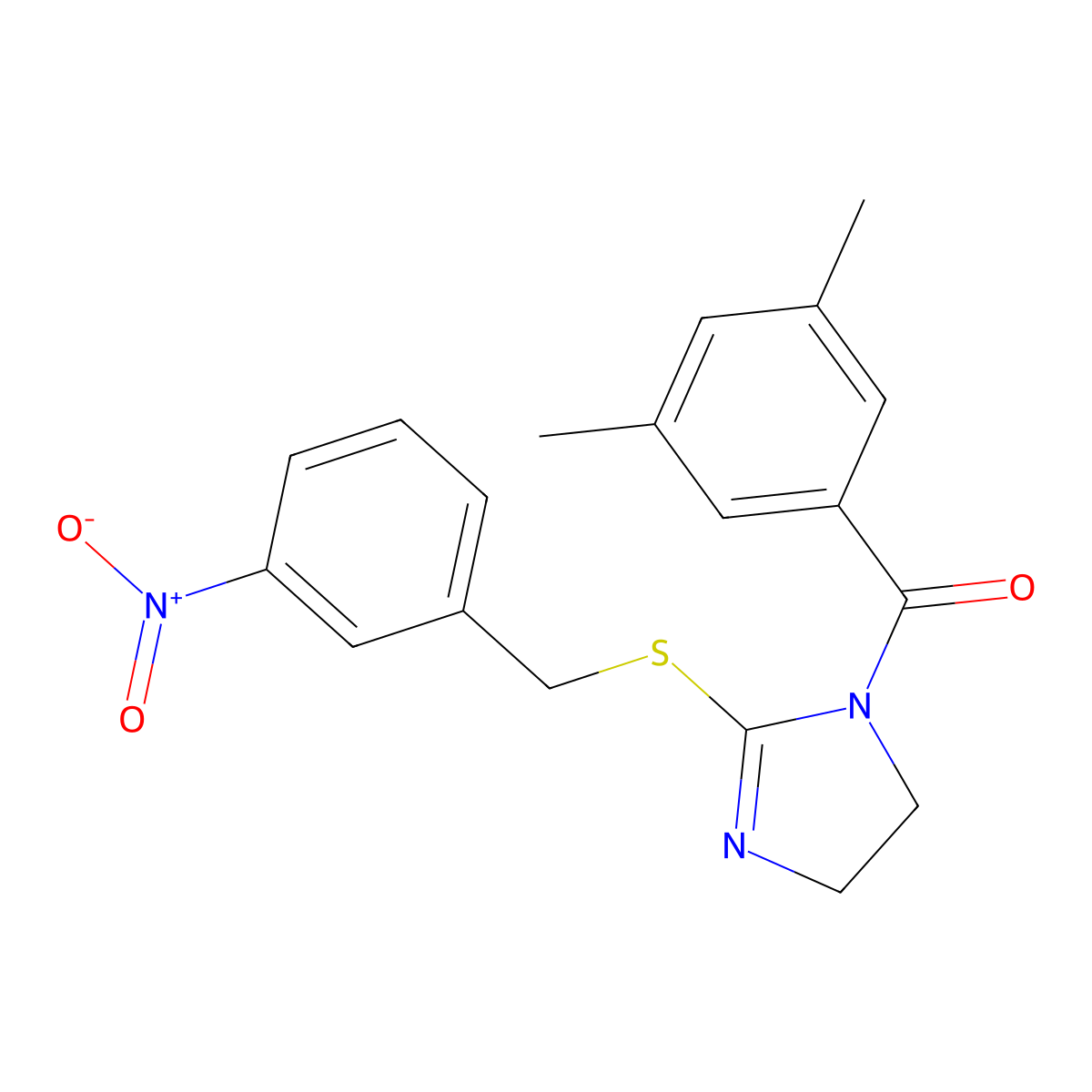 (3,5-dimethylphenyl)(2-((3-nitrobenzyl)thio)-4,5-dihydro-1H-imidazol-1-yl)methanone molecular structure, CAS 851808-50-9