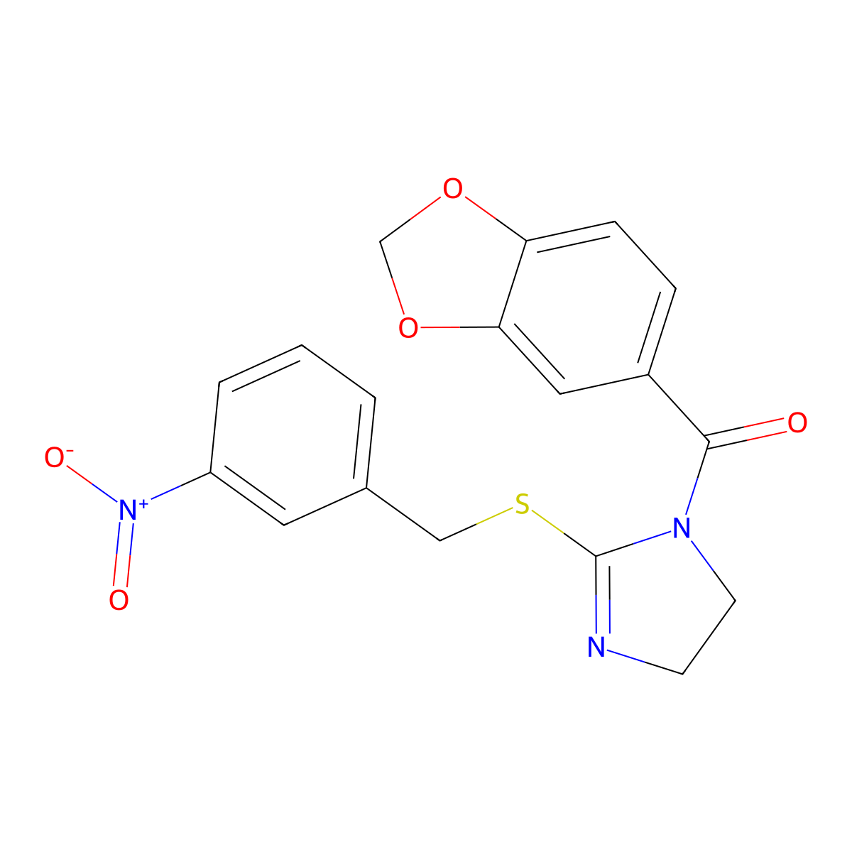1,3-Benzodioxol-5-yl-[2-[(3-nitrophenyl)methylsulfanyl]-4,5-dihydroimidazol-1-yl]methanone molecular structure, CAS 851808-63-4
