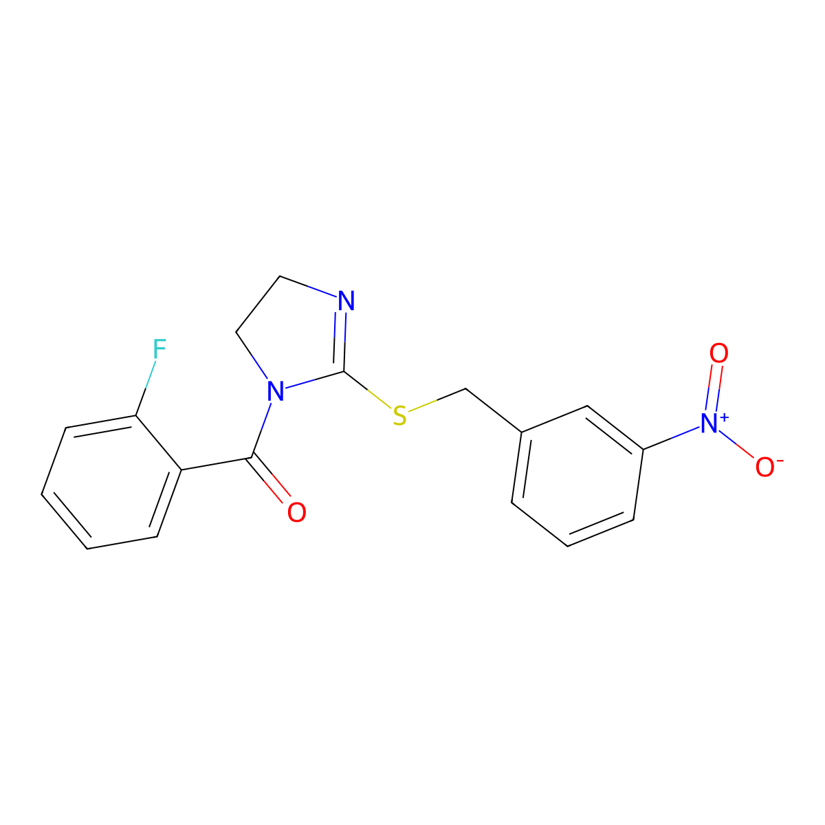 (2-fluorophenyl)(2-((3-nitrobenzyl)thio)-4,5-dihydro-1H-imidazol-1-yl)methanone molecular structure, CAS 851808-66-7