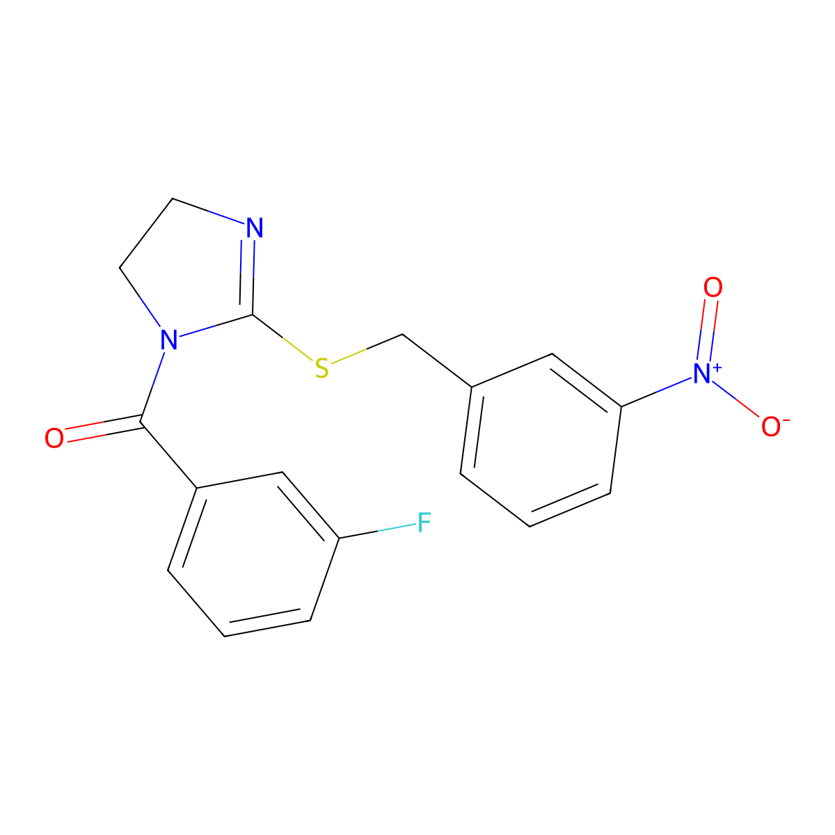 (3-fluorophenyl)(2-((3-nitrobenzyl)thio)-4,5-dihydro-1H-imidazol-1-yl)methanone molecular structure, CAS 851808-67-8