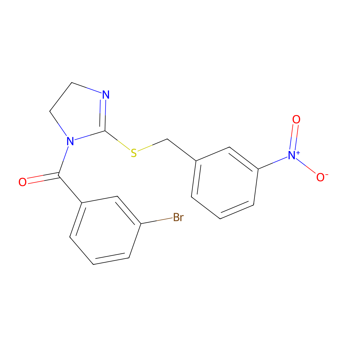 (3-Bromophenyl)-[2-[(3-nitrophenyl)methylsulfanyl]-4,5-dihydroimidazol-1-yl]methanone molecular structure, CAS 851808-70-3