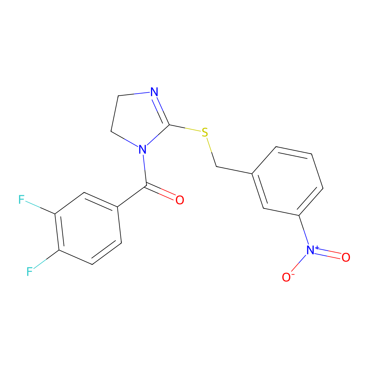(3,4-Difluorophenyl)-[2-[(3-nitrophenyl)methylsulfanyl]-4,5-dihydroimidazol-1-yl]methanone molecular structure, CAS 851808-73-6