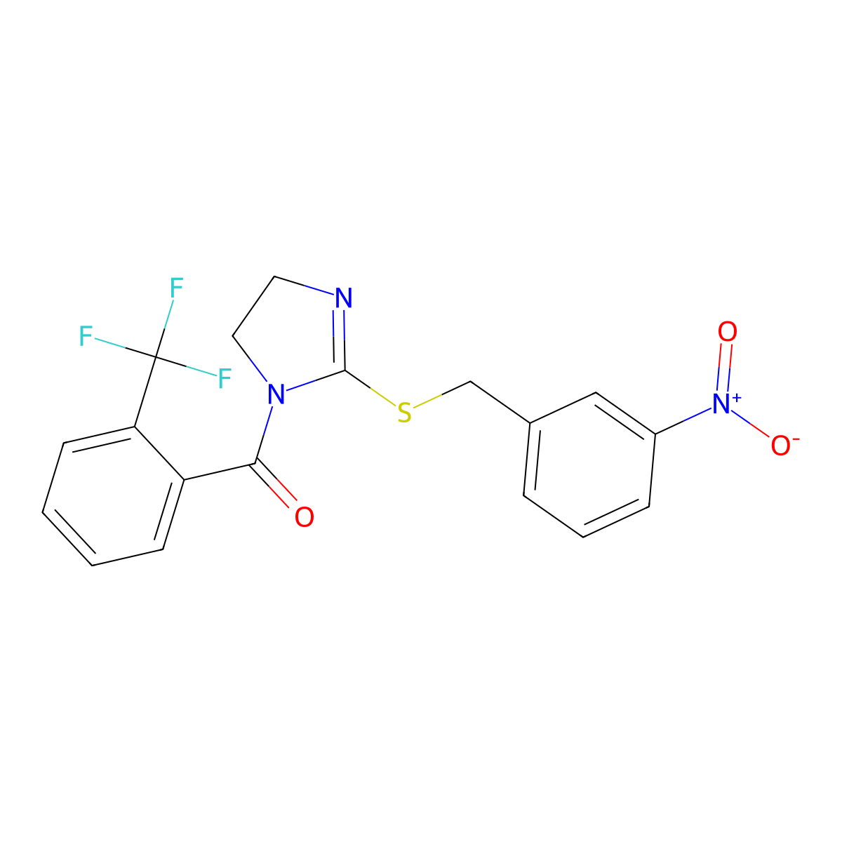 (2-((3-nitrobenzyl)thio)-4,5-dihydro-1H-imidazol-1-yl)(2-(trifluoromethyl)phenyl)methanone molecular structure, CAS 851808-74-7