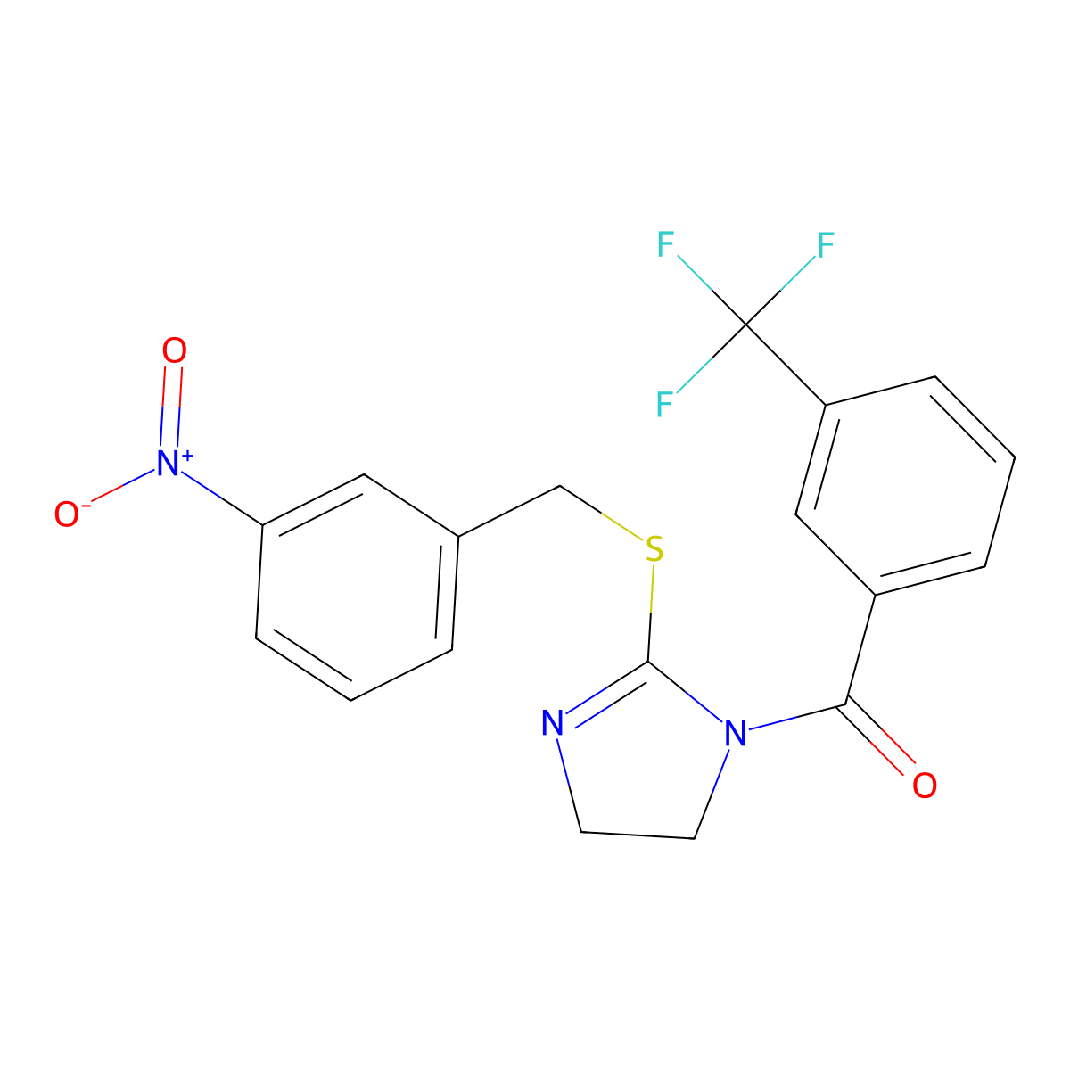 (2-((3-nitrobenzyl)thio)-4,5-dihydro-1H-imidazol-1-yl)(3-(trifluoromethyl)phenyl)methanone molecular structure, CAS 851808-75-8
