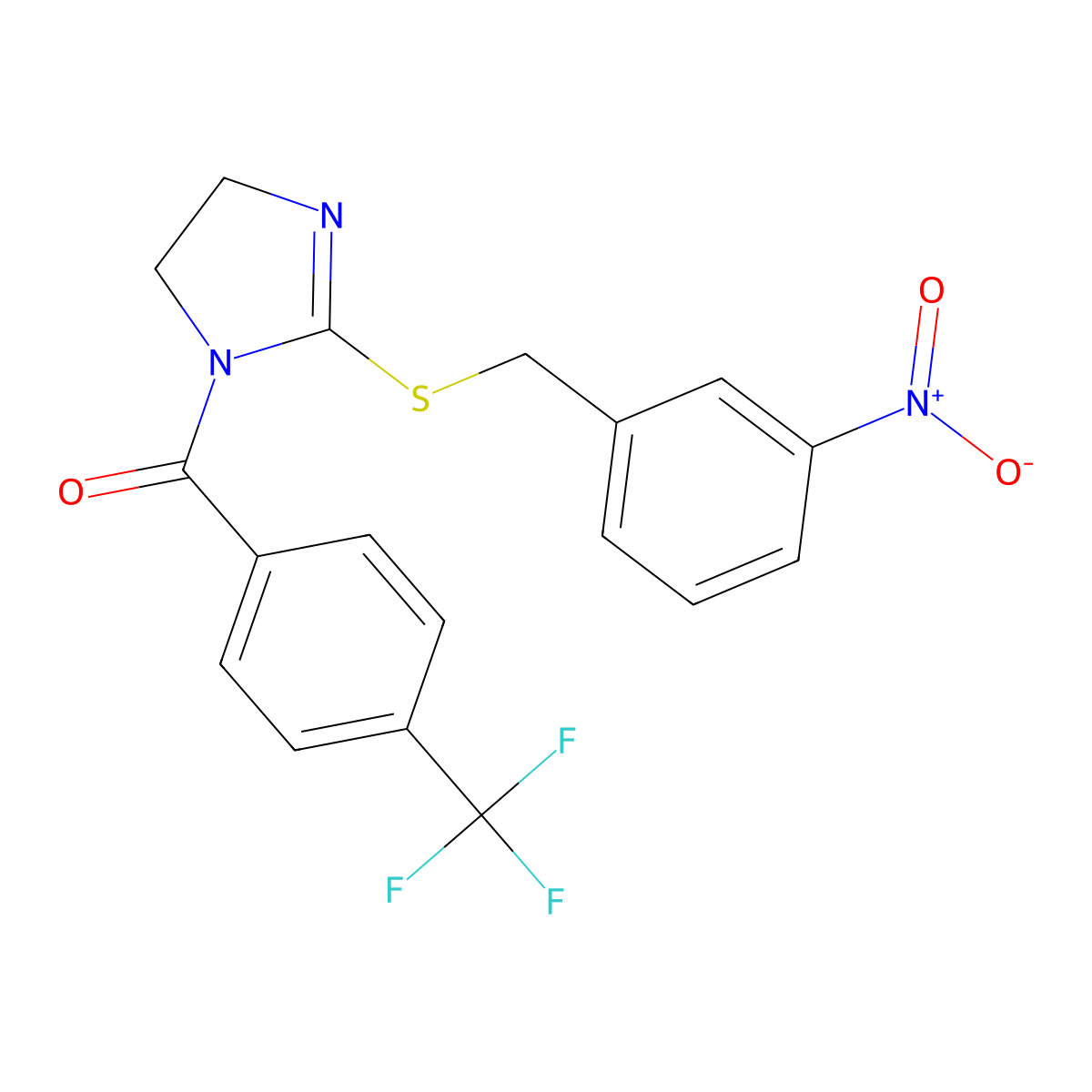 (2-((3-nitrobenzyl)thio)-4,5-dihydro-1H-imidazol-1-yl)(4-(trifluoromethyl)phenyl)methanone molecular structure, CAS 851808-76-9