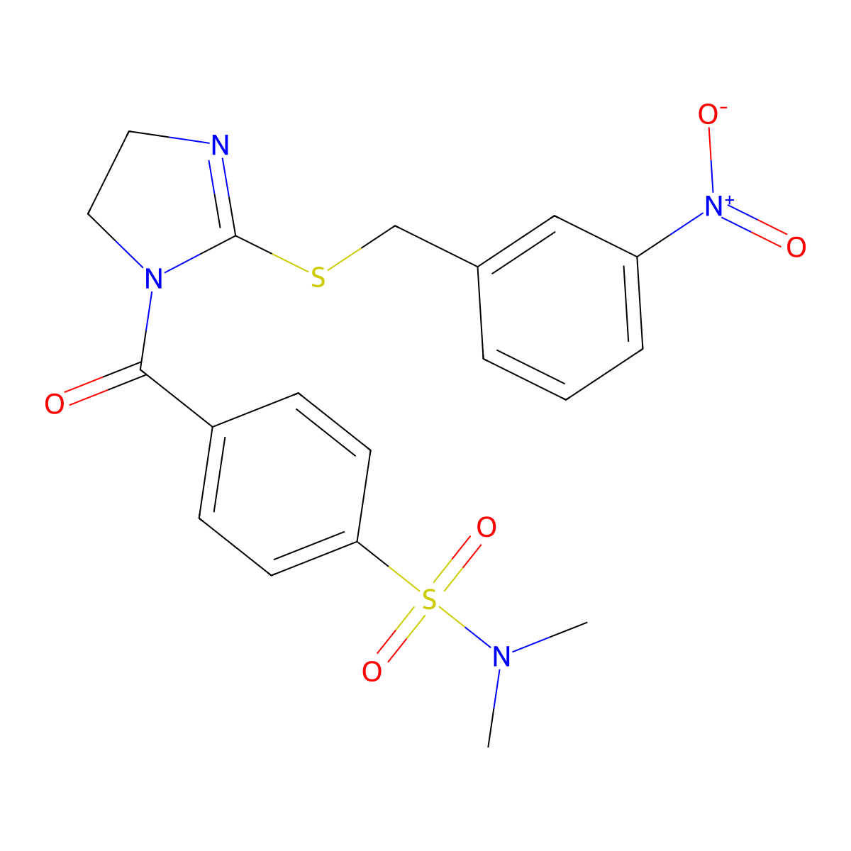 N,N-dimethyl-4-(2-((3-nitrobenzyl)thio)-4,5-dihydro-1H-imidazole-1-carbonyl)benzenesulfonamide molecular structure, CAS 851808-85-0