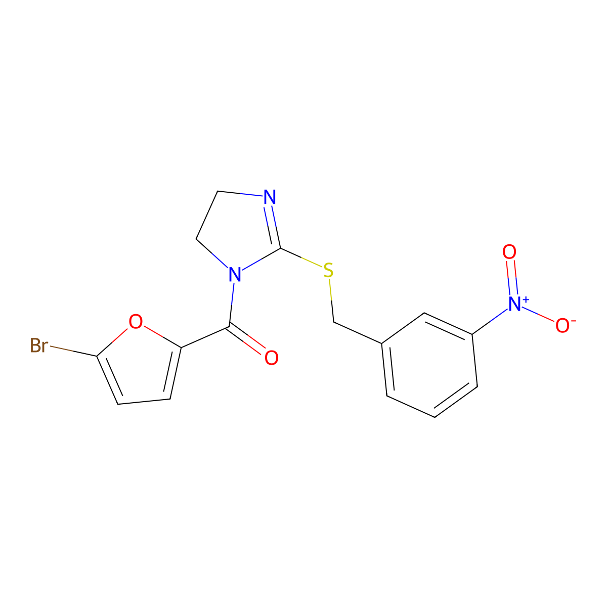 (5-bromofuran-2-yl)(2-((3-nitrobenzyl)thio)-4,5-dihydro-1H-imidazol-1-yl)methanone molecular structure, CAS 851808-91-8