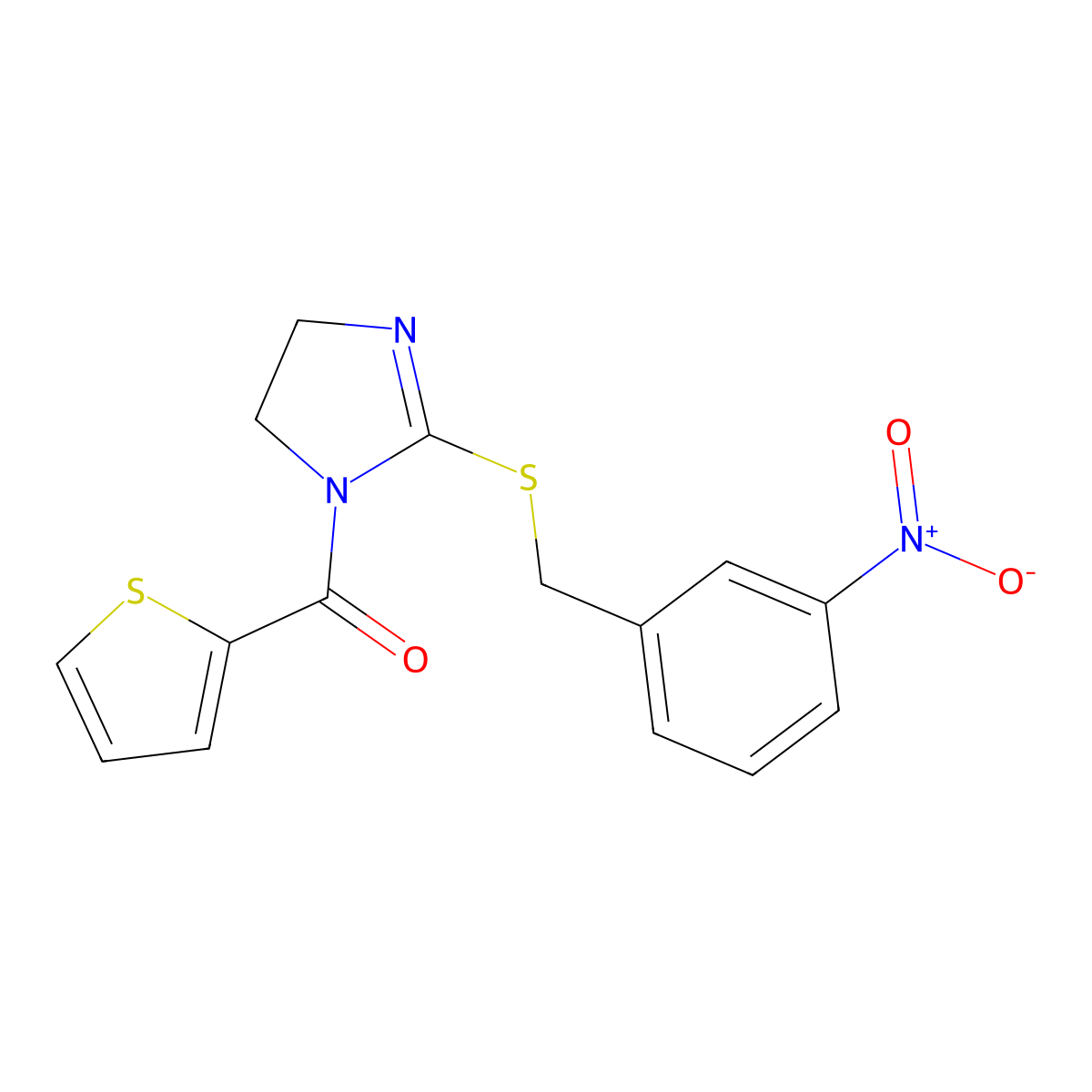 (2-((3-nitrobenzyl)thio)-4,5-dihydro-1H-imidazol-1-yl)(thiophen-2-yl)methanone molecular structure, CAS 851808-92-9