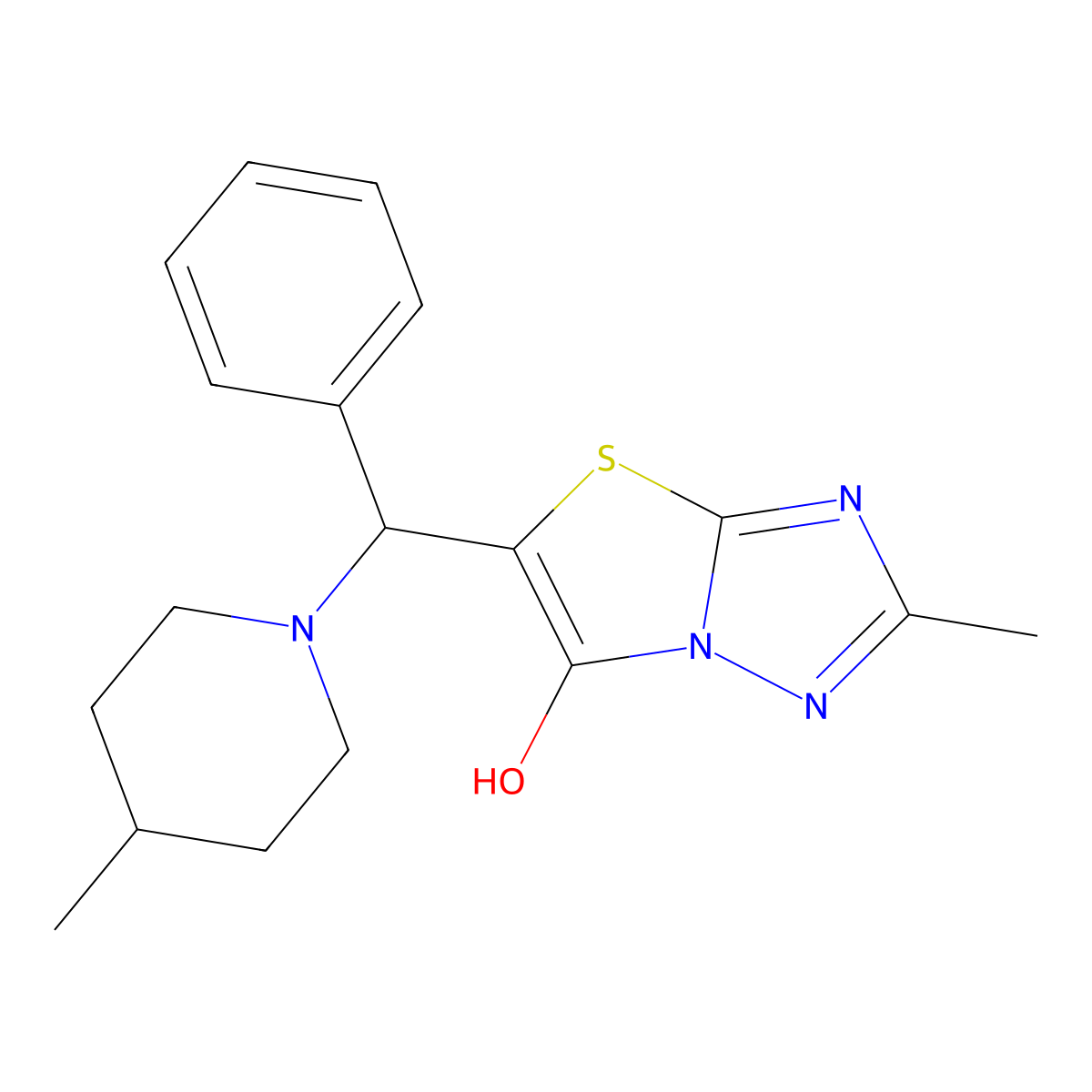 2-Methyl-5-((4-methylpiperidin-1-yl)(phenyl)methyl)thiazolo[3,2-b][1,2,4]triazol-6-ol molecular structure, CAS 851808-96-3