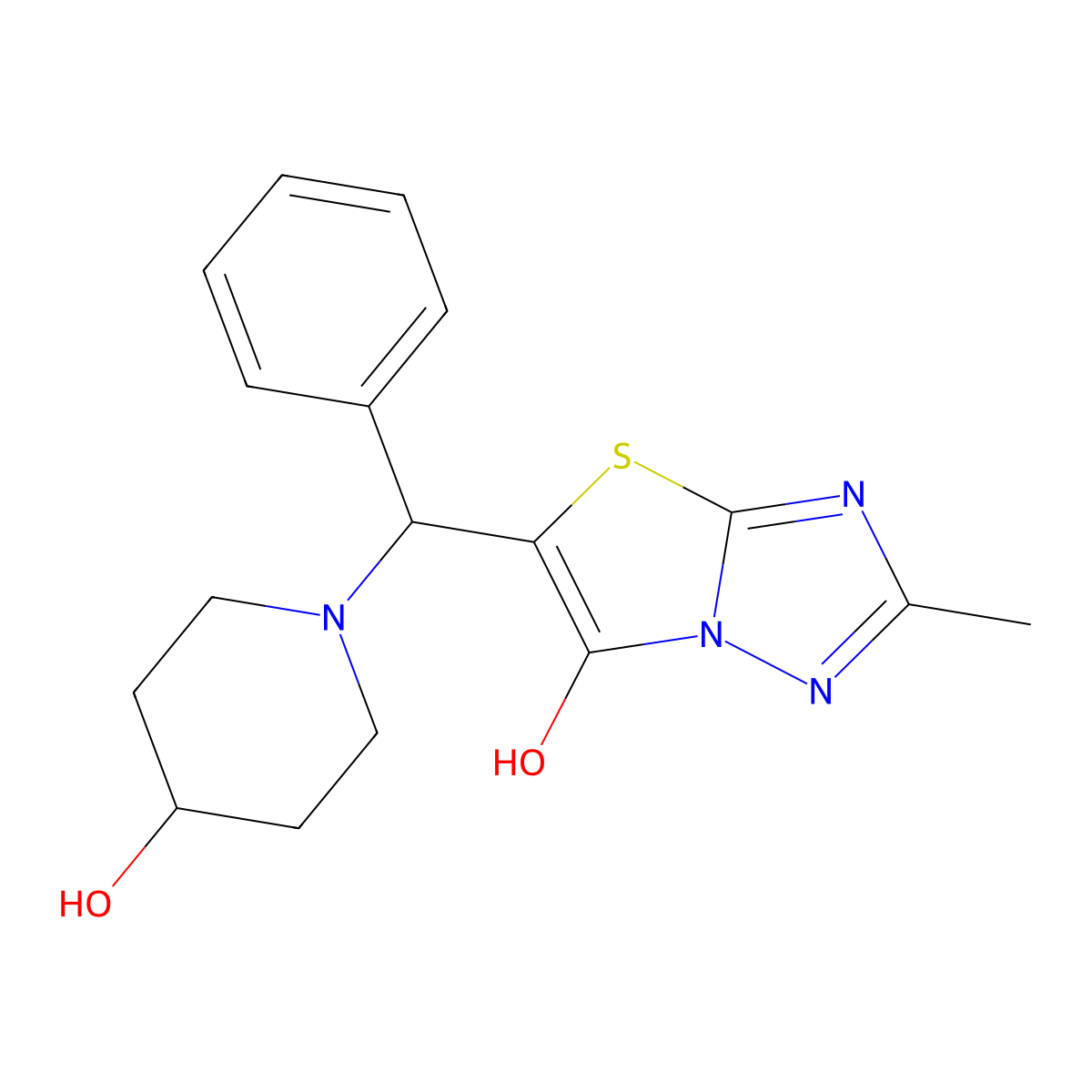 5-((4-Hydroxypiperidin-1-yl)(phenyl)methyl)-2-methylthiazolo[3,2-b][1,2,4]triazol-6-ol molecular structure, CAS 851808-97-4