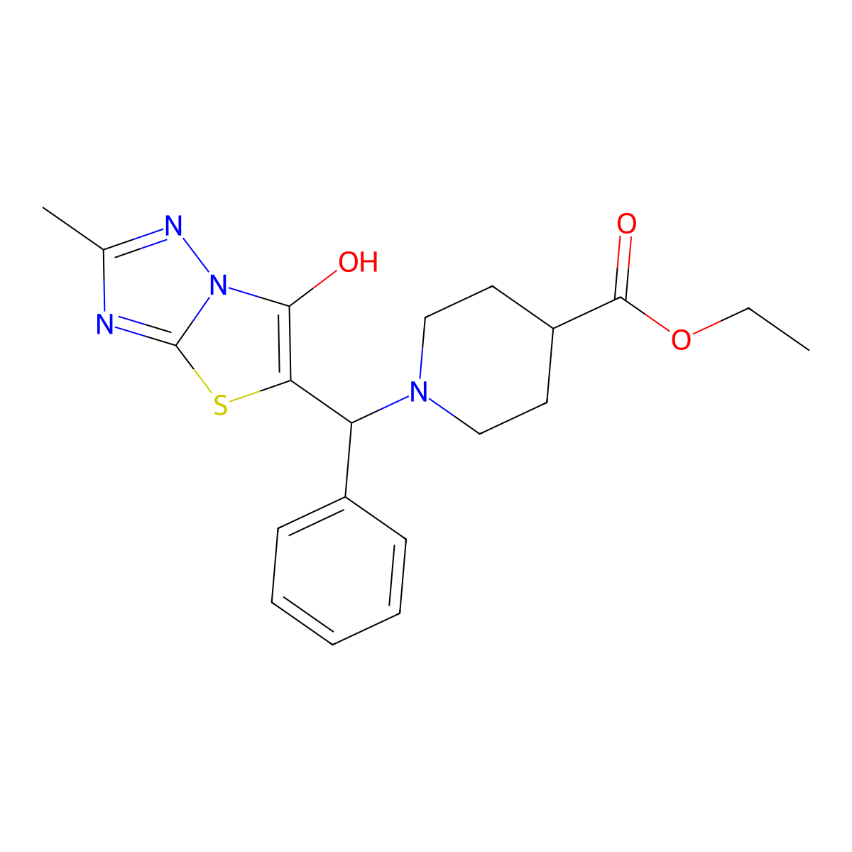 Ethyl 1-((6-hydroxy-2-methylthiazolo[3,2-b][1,2,4]triazol-5-yl)(phenyl)methyl)piperidine-4-carboxylate molecular structure, CAS 851808-98-5