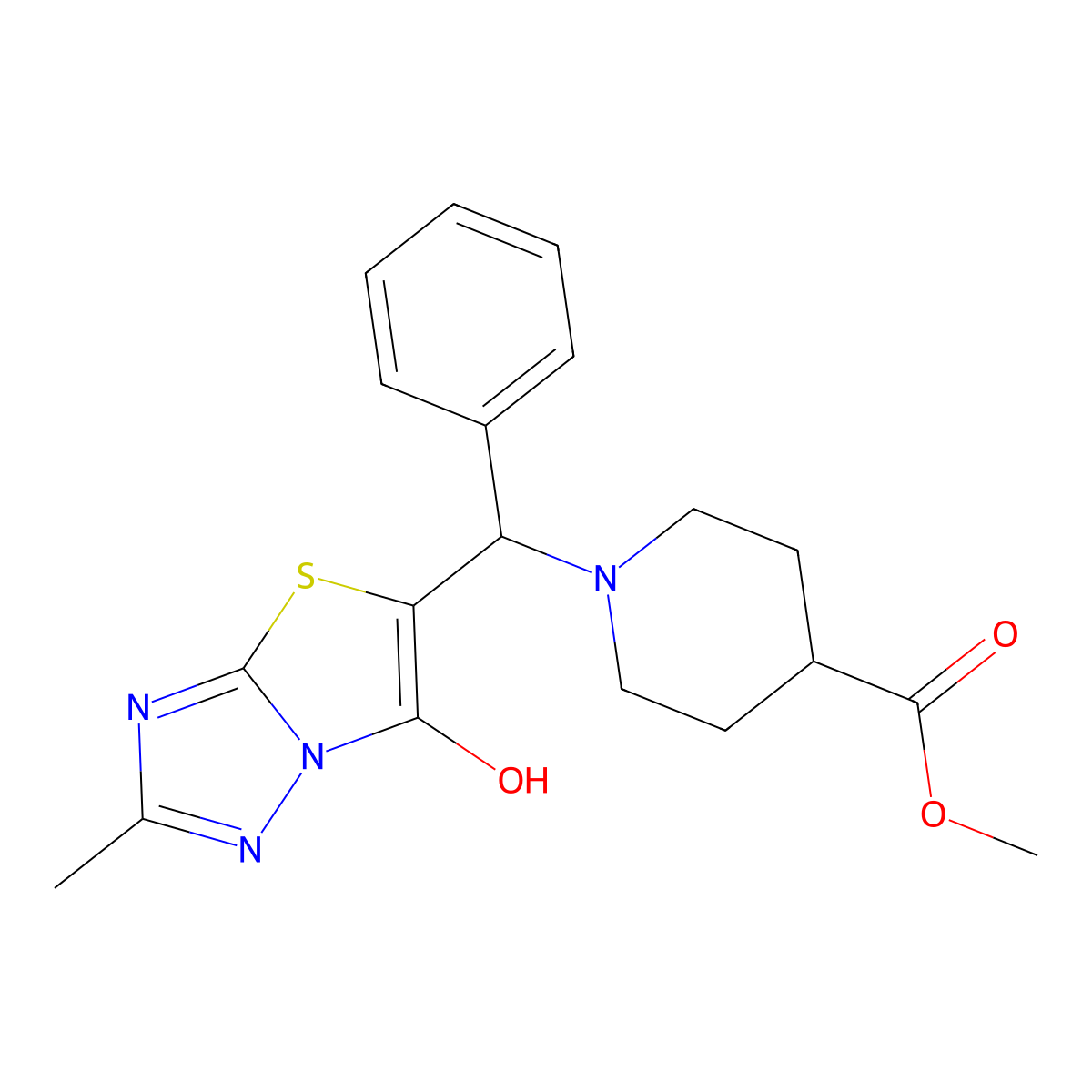 Methyl 1-((6-hydroxy-2-methylthiazolo[3,2-b][1,2,4]triazol-5-yl)(phenyl)methyl)piperidine-4-carboxylate molecular structure, CAS 851808-99-6
