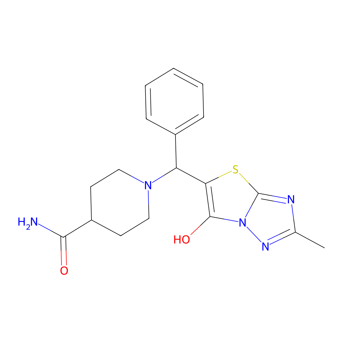 1-((6-Hydroxy-2-methylthiazolo[3,2-b][1,2,4]triazol-5-yl)(phenyl)methyl)piperidine-4-carboxamide molecular structure, CAS 851809-00-2