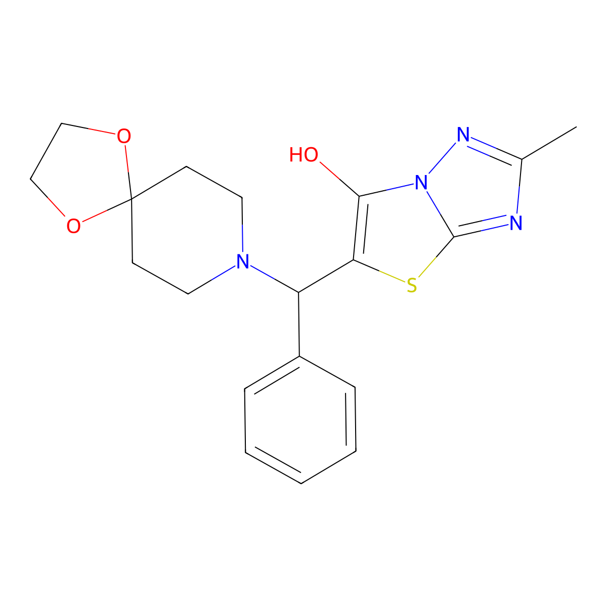 2-Methyl-5-(phenyl(1,4-dioxa-8-azaspiro[4.5]decan-8-yl)methyl)thiazolo[3,2-b][1,2,4]triazol-6-ol molecular structure, CAS 851809-02-4