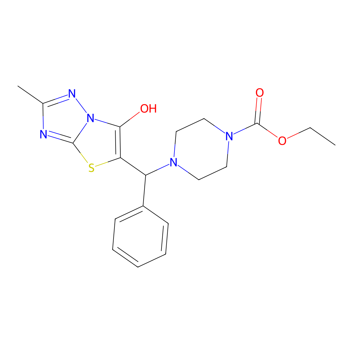 Ethyl 4-((6-hydroxy-2-methylthiazolo[3,2-b][1,2,4]triazol-5-yl)(phenyl)methyl)piperazine-1-carboxylate molecular structure, CAS 851809-07-9