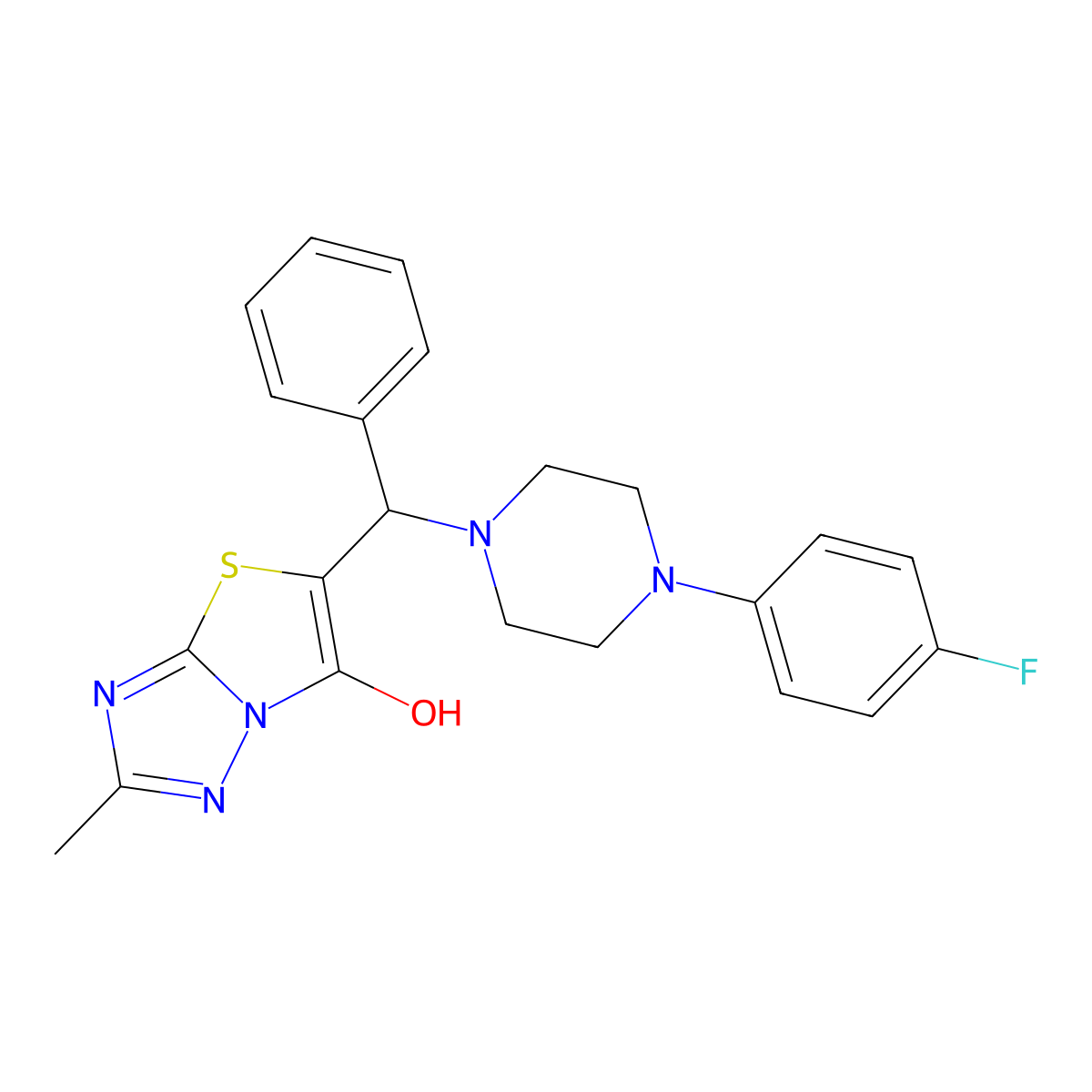 5-((4-(4-Fluorophenyl)piperazin-1-yl)(phenyl)methyl)-2-methylthiazolo[3,2-b][1,2,4]triazol-6-ol molecular structure, CAS 851809-11-5