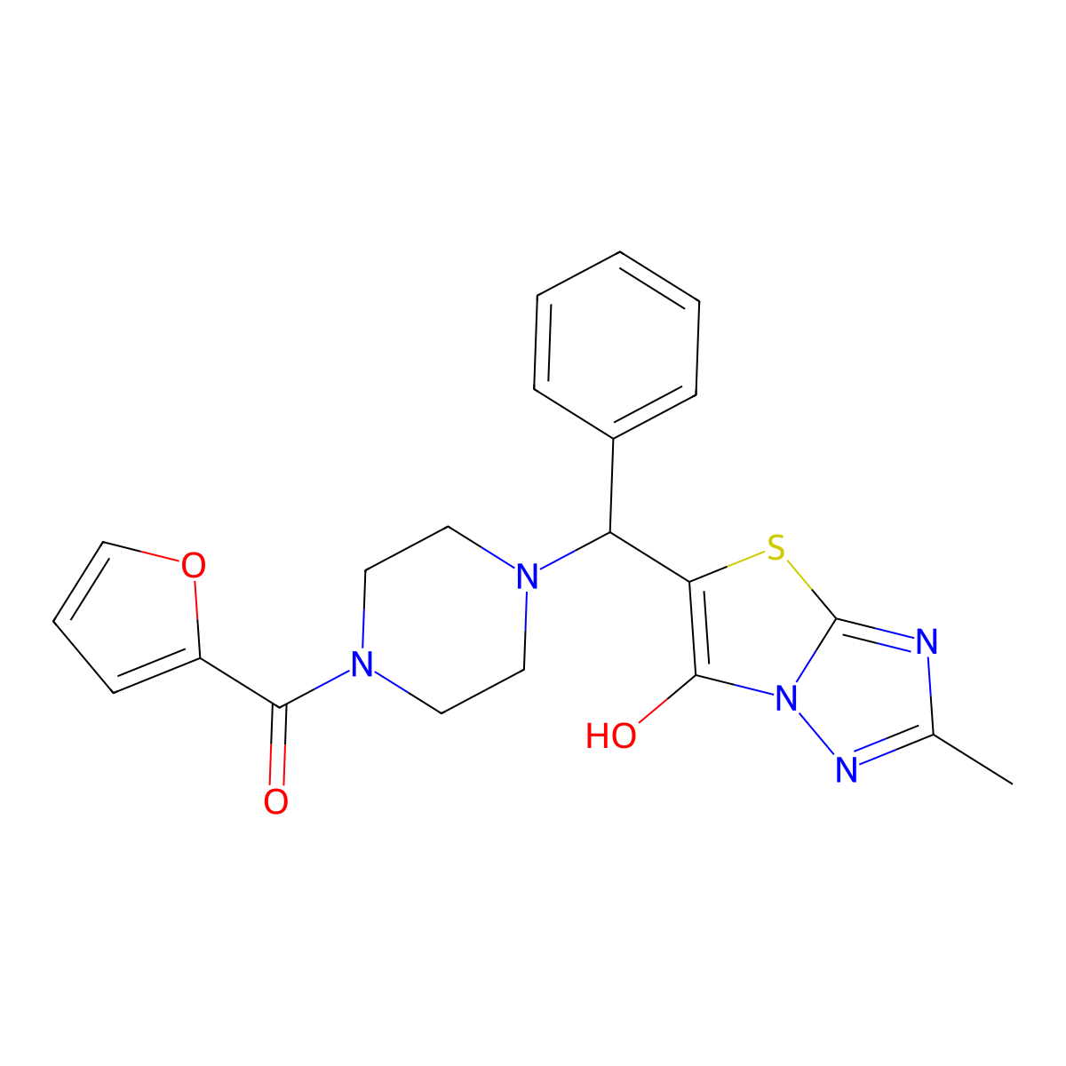 Furan-2-yl(4-((6-hydroxy-2-methylthiazolo[3,2-b][1,2,4]triazol-5-yl)(phenyl)methyl)piperazin-1-yl)methanone molecular structure, CAS 851809-13-7
