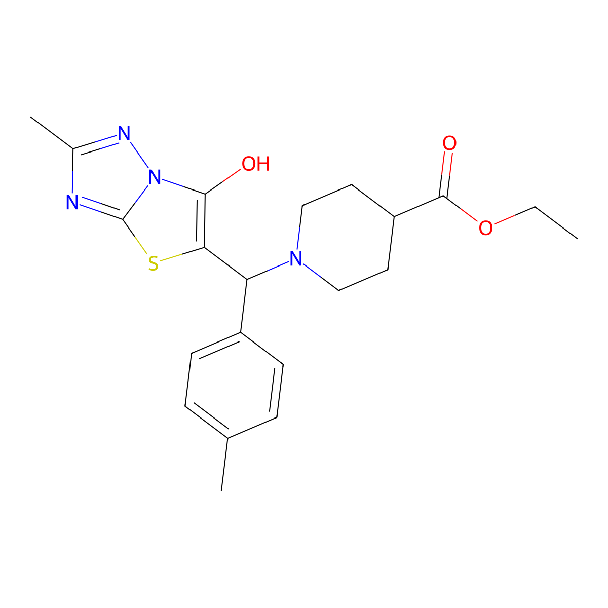 Ethyl 1-((6-hydroxy-2-methylthiazolo[3,2-b][1,2,4]triazol-5-yl)(p-tolyl)methyl)piperidine-4-carboxylate molecular structure, CAS 851809-20-6