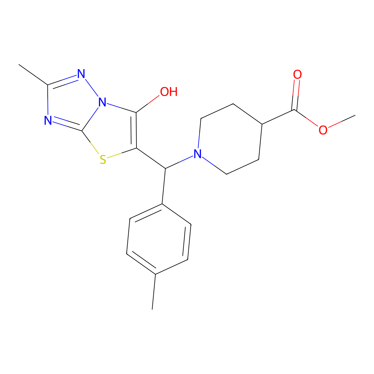 Methyl 1-((6-hydroxy-2-methylthiazolo[3,2-b][1,2,4]triazol-5-yl)(p-tolyl)methyl)piperidine-4-carboxylate molecular structure, CAS 851809-22-8