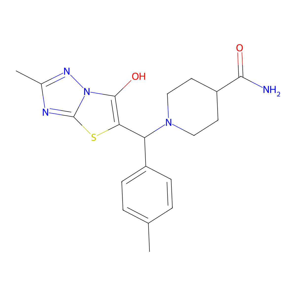 1-((6-Hydroxy-2-methylthiazolo[3,2-b][1,2,4]triazol-5-yl)(p-tolyl)methyl)piperidine-4-carboxamide molecular structure, CAS 851809-24-0