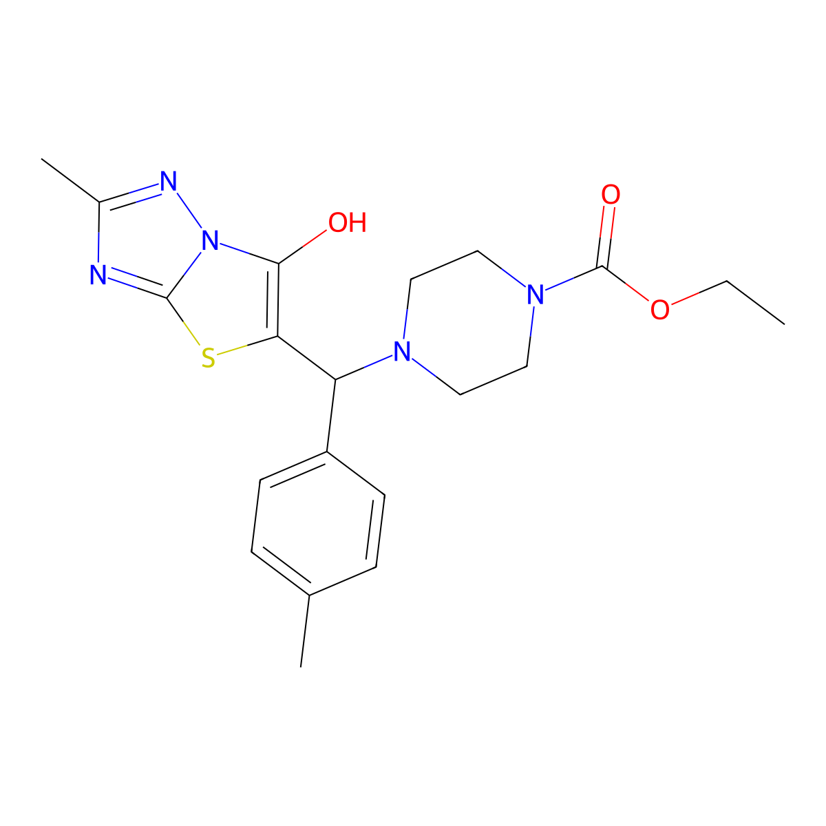 Ethyl 4-((6-hydroxy-2-methylthiazolo[3,2-b][1,2,4]triazol-5-yl)(p-tolyl)methyl)piperazine-1-carboxylate molecular structure, CAS 851809-33-1