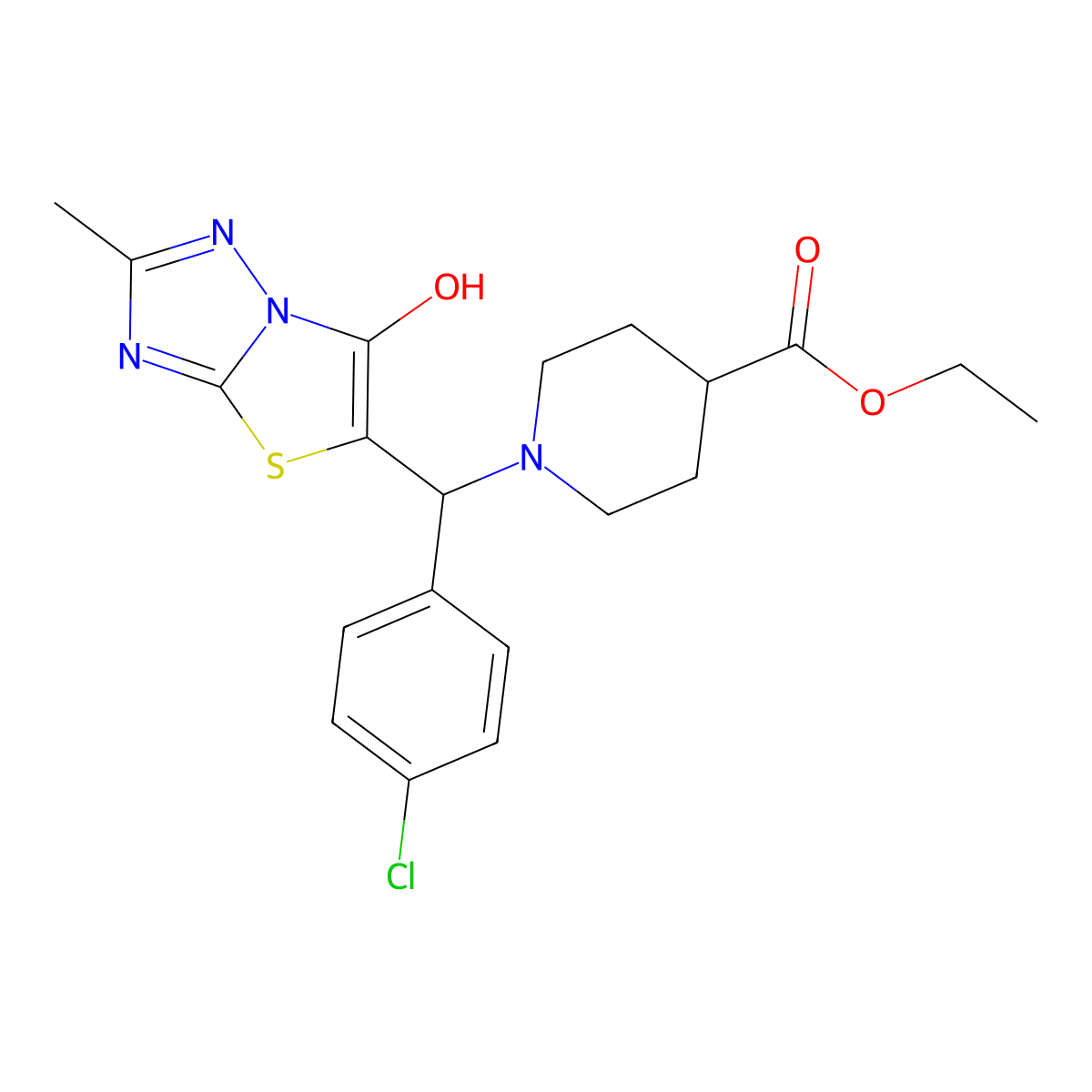 Ethyl 1-((4-chlorophenyl)(6-hydroxy-2-methylthiazolo[3,2-b][1,2,4]triazol-5-yl)methyl)piperidine-4-carboxylate molecular structure, CAS 851809-42-2