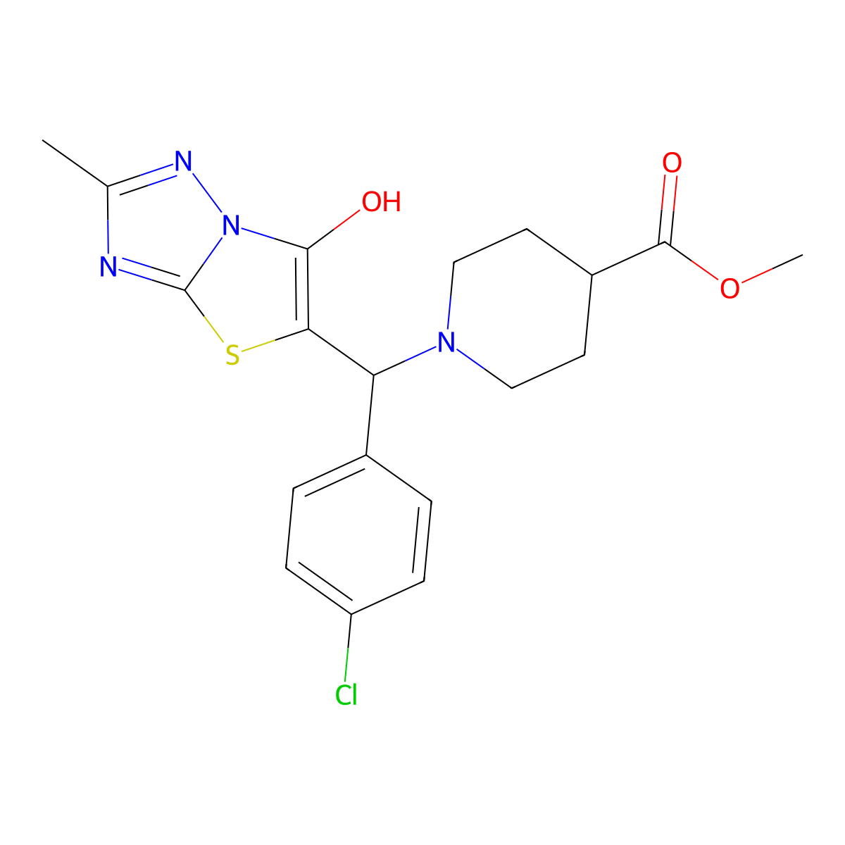 Methyl 1-((4-chlorophenyl)(6-hydroxy-2-methylthiazolo[3,2-b][1,2,4]triazol-5-yl)methyl)piperidine-4-carboxylate molecular structure, CAS 851809-43-3