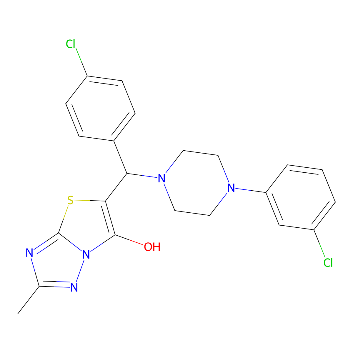 5-((4-Chlorophenyl)(4-(3-chlorophenyl)piperazin-1-yl)methyl)-2-methylthiazolo[3,2-b][1,2,4]triazol-6-ol molecular structure, CAS 851809-53-5