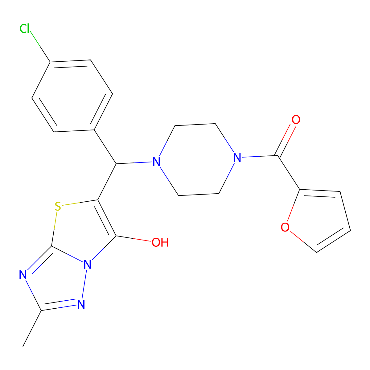 (4-((4-Chlorophenyl)(6-hydroxy-2-methylthiazolo[3,2-b][1,2,4]triazol-5-yl)methyl)piperazin-1-yl)(furan-2-yl)methanone molecular structure, CAS 851809-56-8