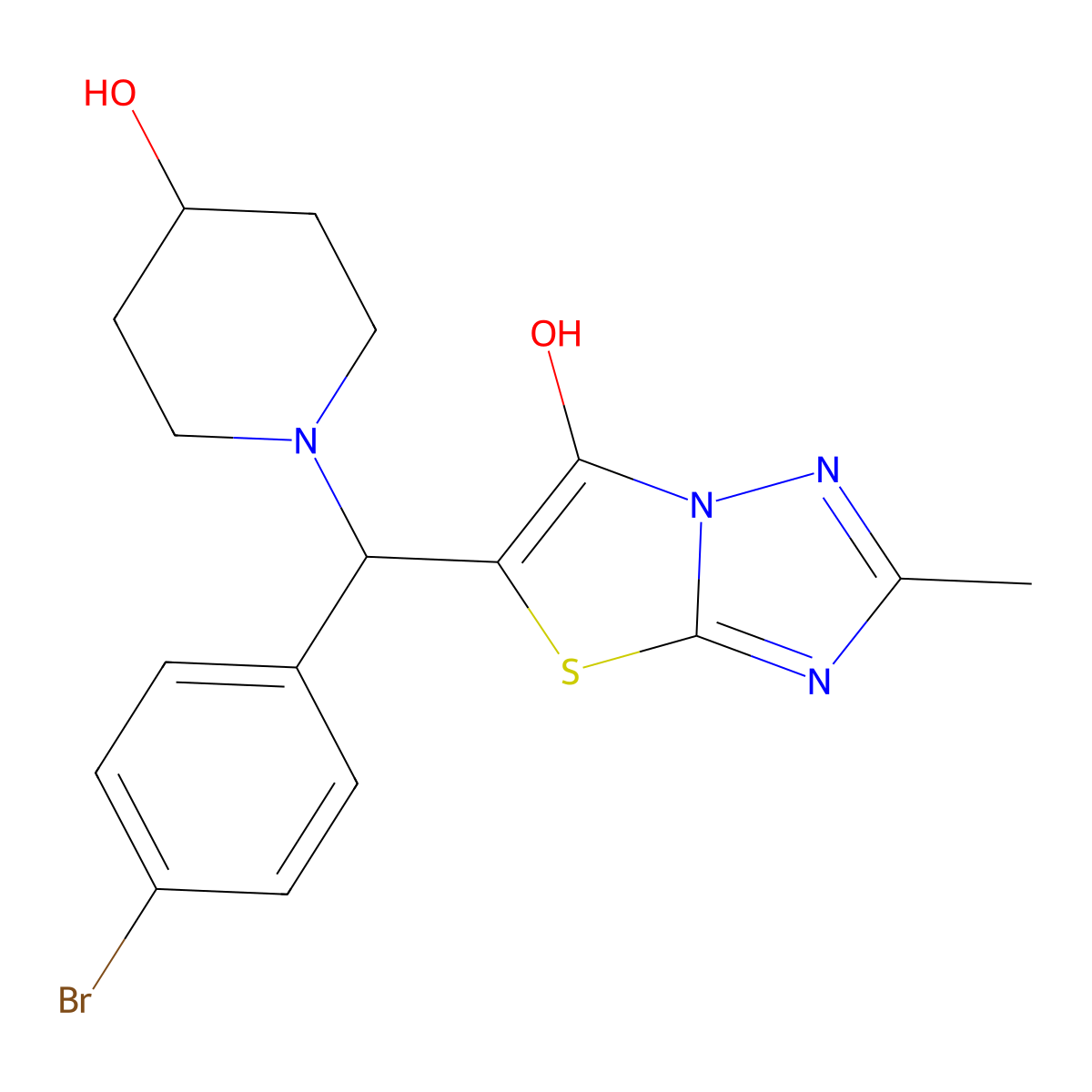 5-((4-Bromophenyl)(4-hydroxypiperidin-1-yl)methyl)-2-methylthiazolo[3,2-b][1,2,4]triazol-6-ol molecular structure, CAS 851809-61-5