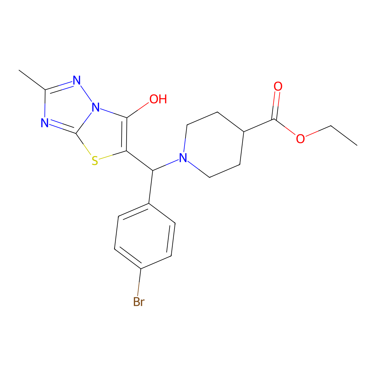 Ethyl 1-((4-bromophenyl)(6-hydroxy-2-methylthiazolo[3,2-b][1,2,4]triazol-5-yl)methyl)piperidine-4-carboxylate molecular structure, CAS 851809-62-6