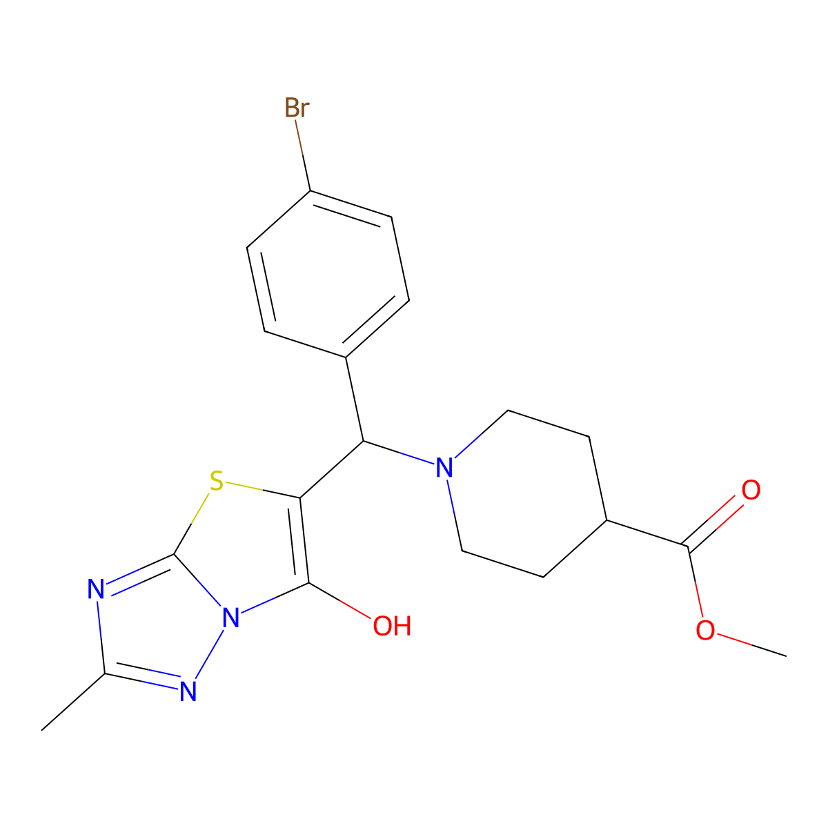 Methyl 1-((4-bromophenyl)(6-hydroxy-2-methylthiazolo[3,2-b][1,2,4]triazol-5-yl)methyl)piperidine-4-carboxylate molecular structure, CAS 851809-63-7