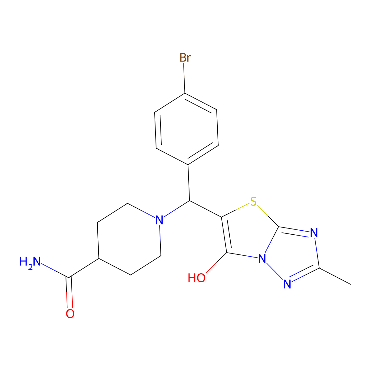 1-((4-Bromophenyl)(6-hydroxy-2-methylthiazolo[3,2-b][1,2,4]triazol-5-yl)methyl)piperidine-4-carboxamide molecular structure, CAS 851809-64-8