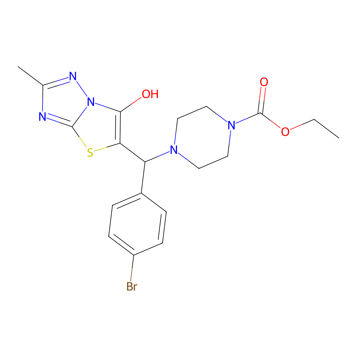Ethyl 4-((4-bromophenyl)(6-hydroxy-2-methylthiazolo[3,2-b][1,2,4]triazol-5-yl)methyl)piperazine-1-carboxylate molecular structure, CAS 851809-73-9