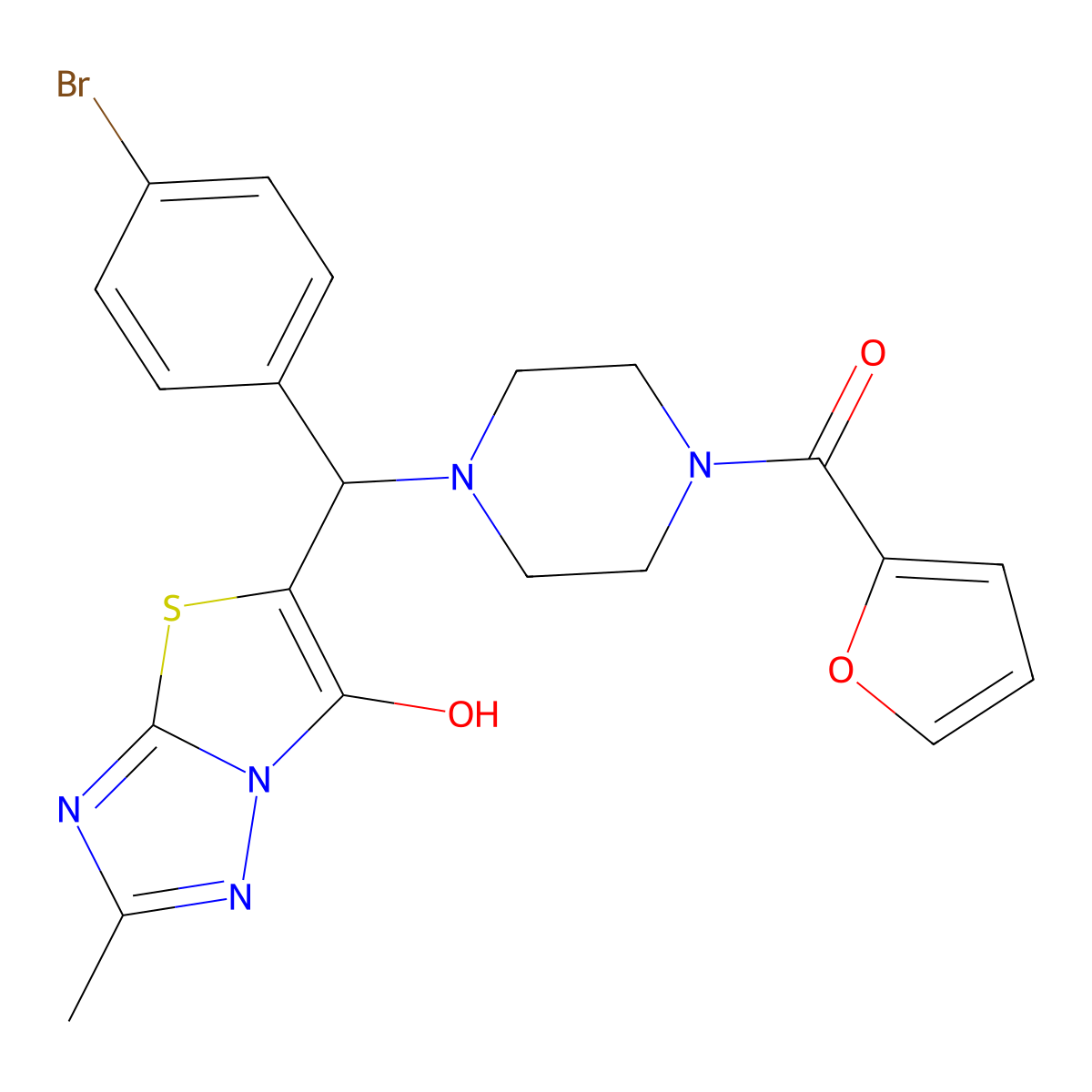 (4-((4-Bromophenyl)(6-hydroxy-2-methylthiazolo[3,2-b][1,2,4]triazol-5-yl)methyl)piperazin-1-yl)(furan-2-yl)methanone molecular structure, CAS 851809-79-5