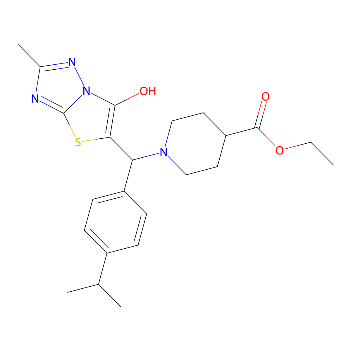 Ethyl 1-((6-hydroxy-2-methylthiazolo[3,2-b][1,2,4]triazol-5-yl)(4-isopropylphenyl)methyl)piperidine-4-carboxylate molecular structure, CAS 851810-02-1
