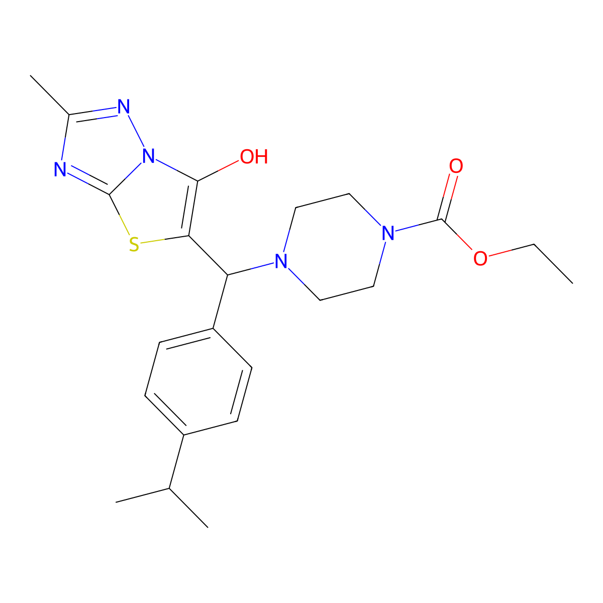Ethyl 4-((6-hydroxy-2-methylthiazolo[3,2-b][1,2,4]triazol-5-yl)(4-isopropylphenyl)methyl)piperazine-1-carboxylate molecular structure, CAS 851810-13-4