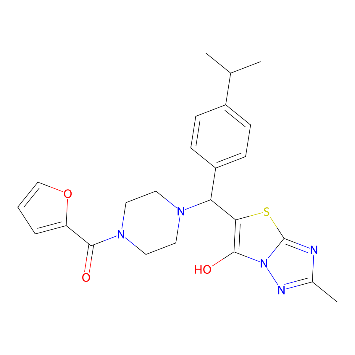 Furan-2-yl(4-((6-hydroxy-2-methylthiazolo[3,2-b][1,2,4]triazol-5-yl)(4-isopropylphenyl)methyl)piperazin-1-yl)methanone molecular structure, CAS 851810-19-0