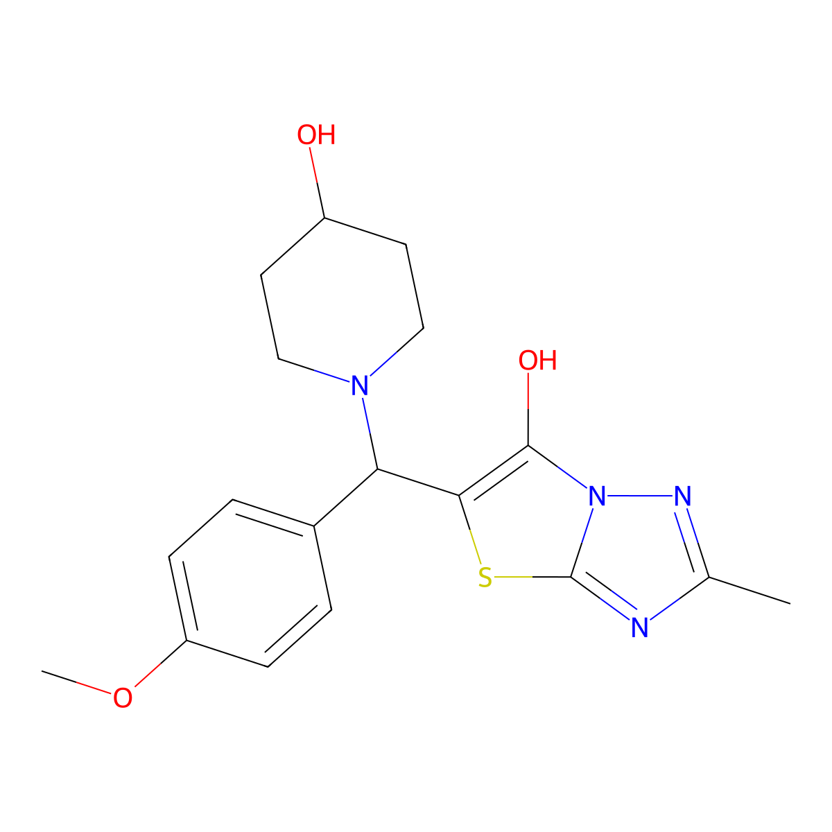 5-((4-Hydroxypiperidin-1-yl)(4-methoxyphenyl)methyl)-2-methylthiazolo[3,2-b][1,2,4]triazol-6-ol molecular structure, CAS 851810-21-4
