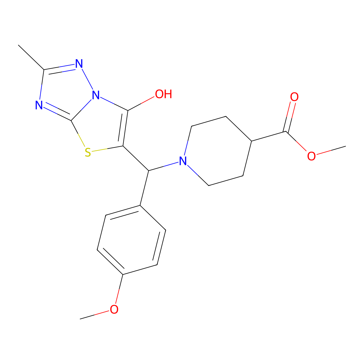 Methyl 1-((6-hydroxy-2-methylthiazolo[3,2-b][1,2,4]triazol-5-yl)(4-methoxyphenyl)methyl)piperidine-4-carboxylate molecular structure, CAS 851810-23-6