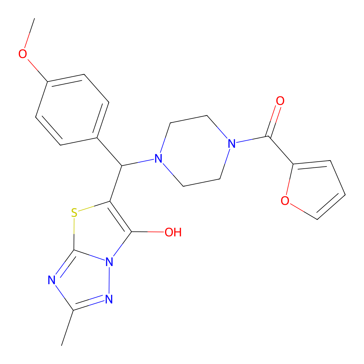 Furan-2-yl(4-((6-hydroxy-2-methylthiazolo[3,2-b][1,2,4]triazol-5-yl)(4-methoxyphenyl)methyl)piperazin-1-yl)methanone molecular structure, CAS 851810-35-0