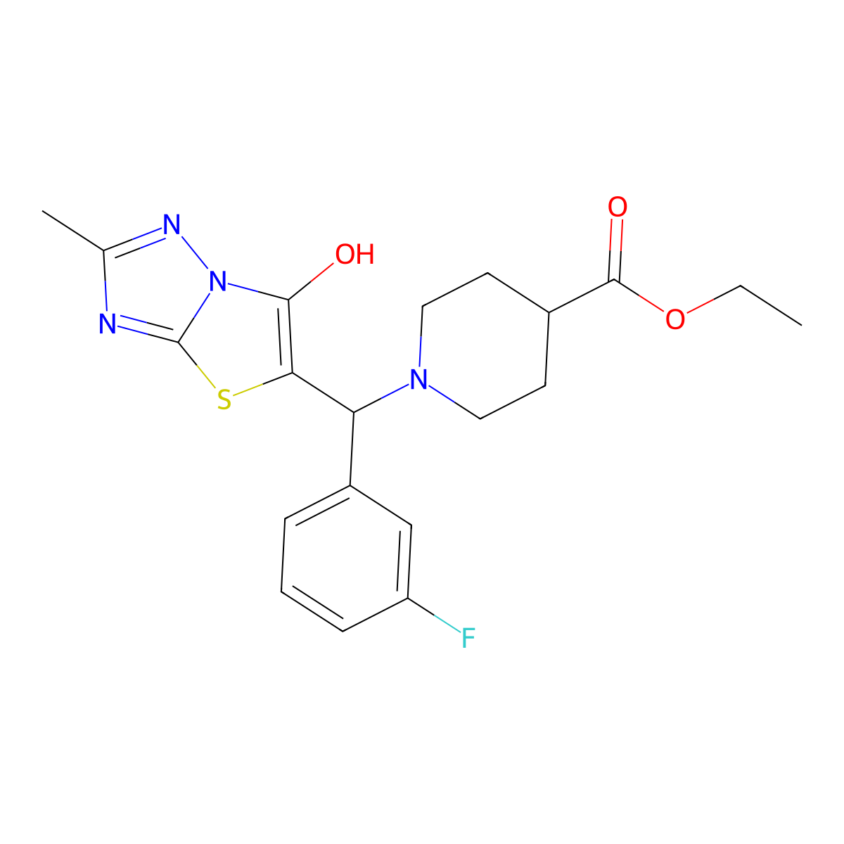 Ethyl 1-((3-fluorophenyl)(6-hydroxy-2-methylthiazolo[3,2-b][1,2,4]triazol-5-yl)methyl)piperidine-4-carboxylate molecular structure, CAS 851810-41-8