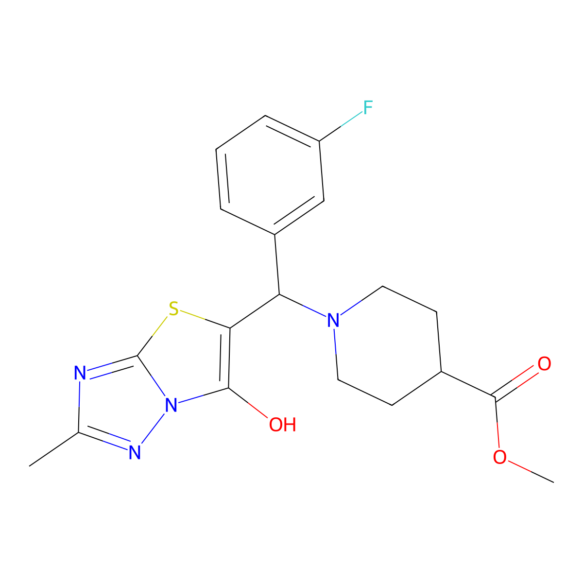 Methyl 1-((3-fluorophenyl)(6-hydroxy-2-methylthiazolo[3,2-b][1,2,4]triazol-5-yl)methyl)piperidine-4-carboxylate molecular structure, CAS 851810-42-9