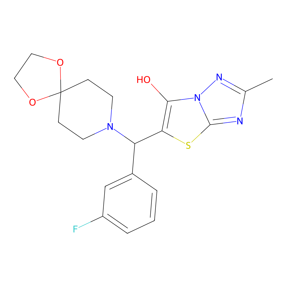 5-((3-Fluorophenyl)(1,4-dioxa-8-azaspiro[4.5]decan-8-yl)methyl)-2-methylthiazolo[3,2-b][1,2,4]triazol-6-ol molecular structure, CAS 851810-45-2