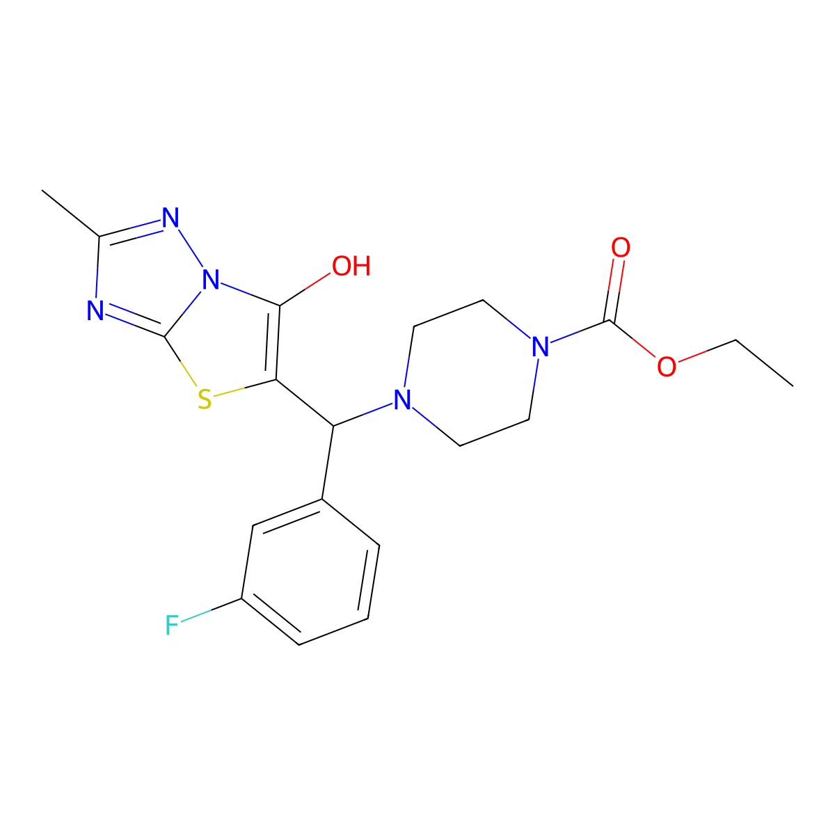 Ethyl 4-((3-fluorophenyl)(6-hydroxy-2-methylthiazolo[3,2-b][1,2,4]triazol-5-yl)methyl)piperazine-1-carboxylate molecular structure, CAS 851810-52-1