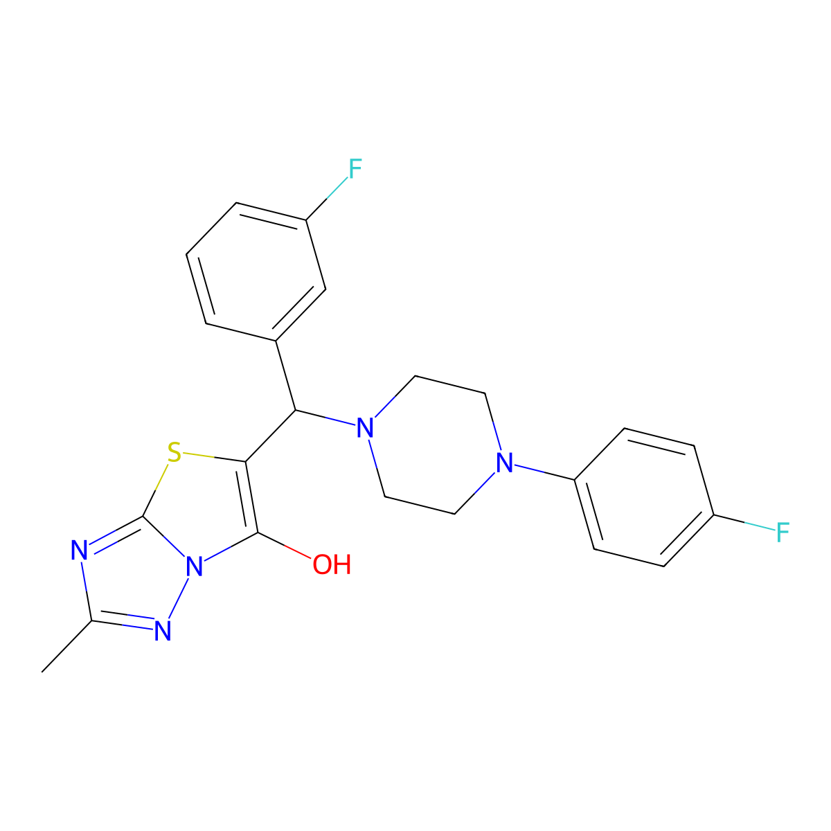 5-((3-Fluorophenyl)(4-(4-fluorophenyl)piperazin-1-yl)methyl)-2-methylthiazolo[3,2-b][1,2,4]triazol-6-ol molecular structure, CAS 851810-56-5