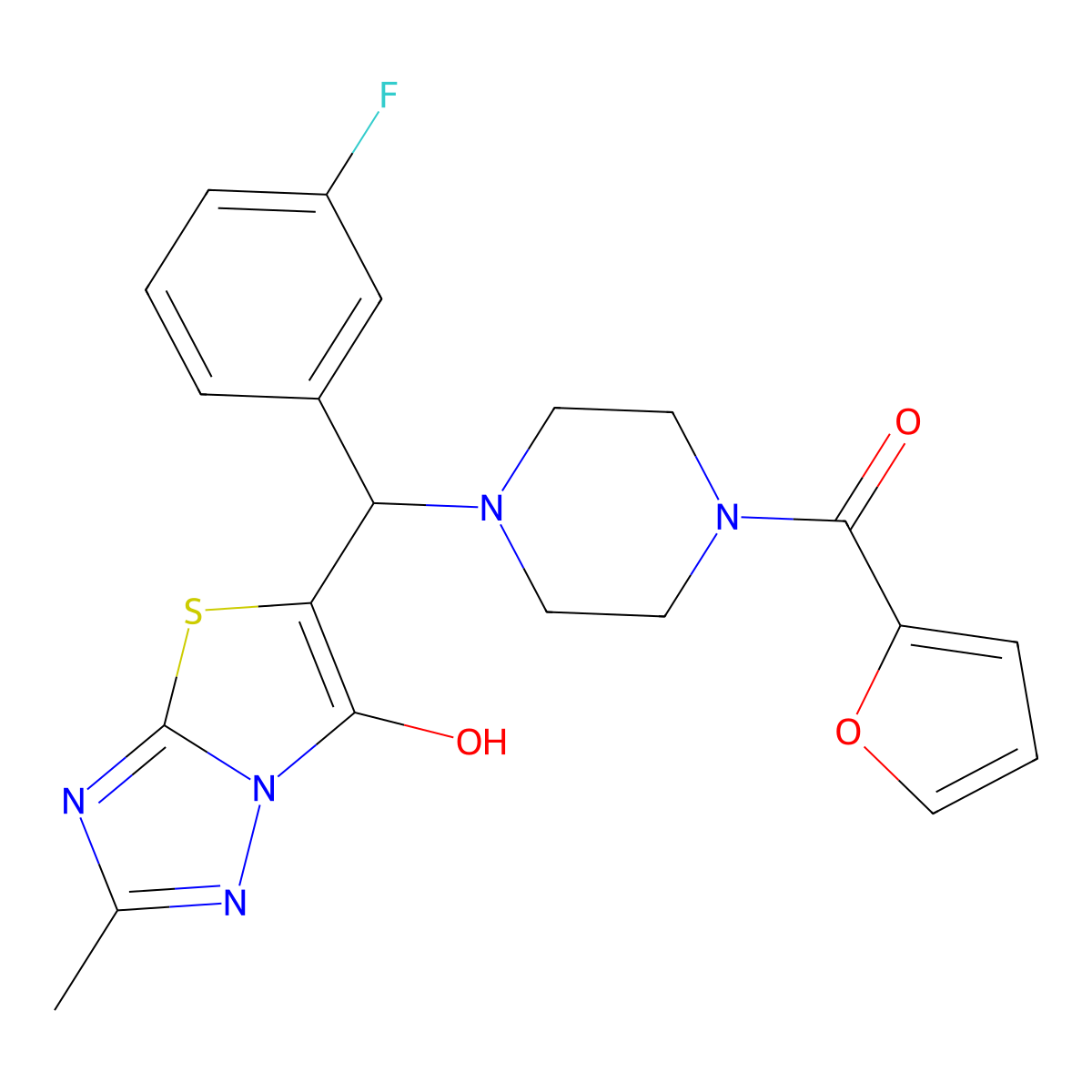 (4-((3-Fluorophenyl)(6-hydroxy-2-methylthiazolo[3,2-b][1,2,4]triazol-5-yl)methyl)piperazin-1-yl)(furan-2-yl)methanone molecular structure, CAS 851810-58-7
