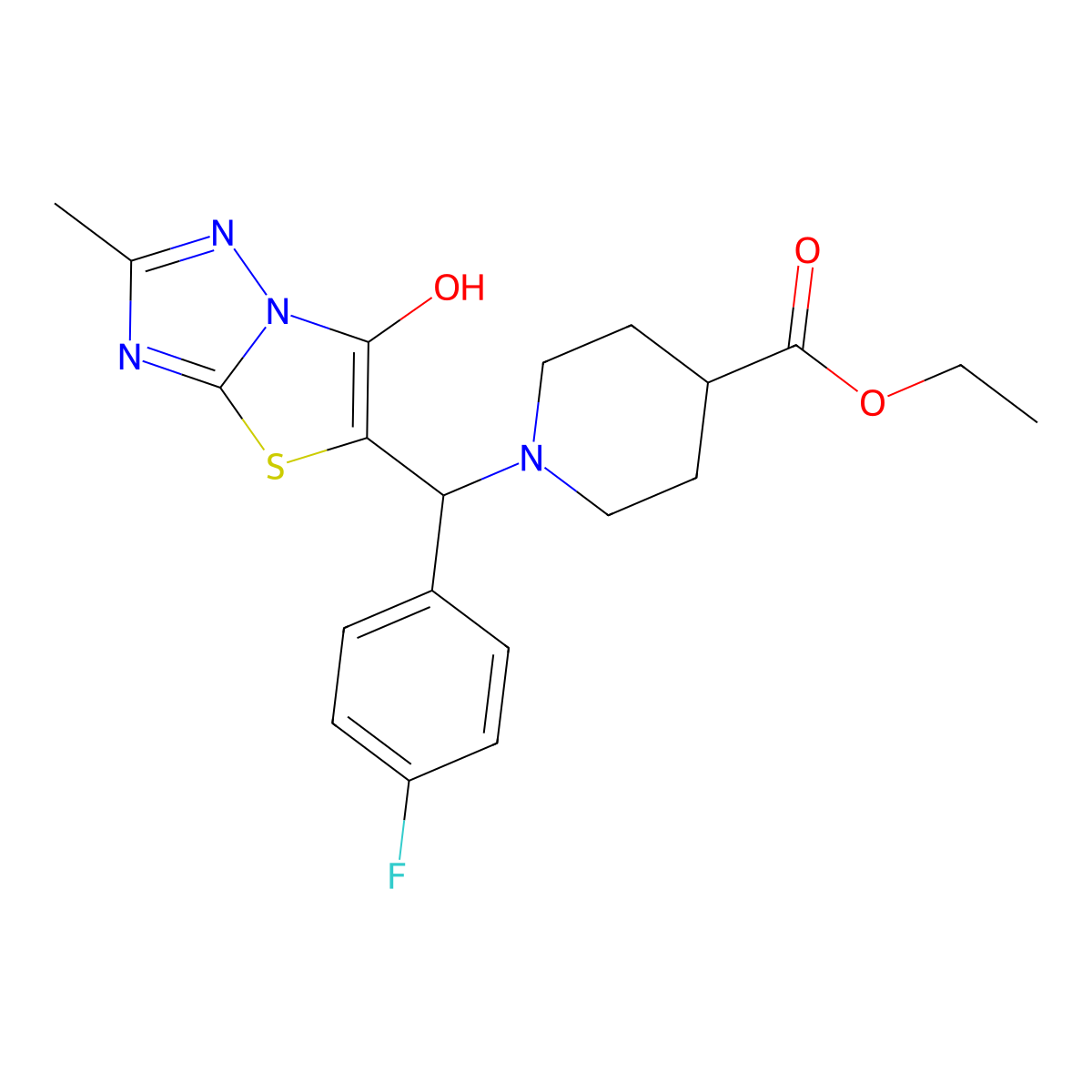Ethyl 1-((4-fluorophenyl)(6-hydroxy-2-methylthiazolo[3,2-b][1,2,4]triazol-5-yl)methyl)piperidine-4-carboxylate molecular structure, CAS 851810-64-5