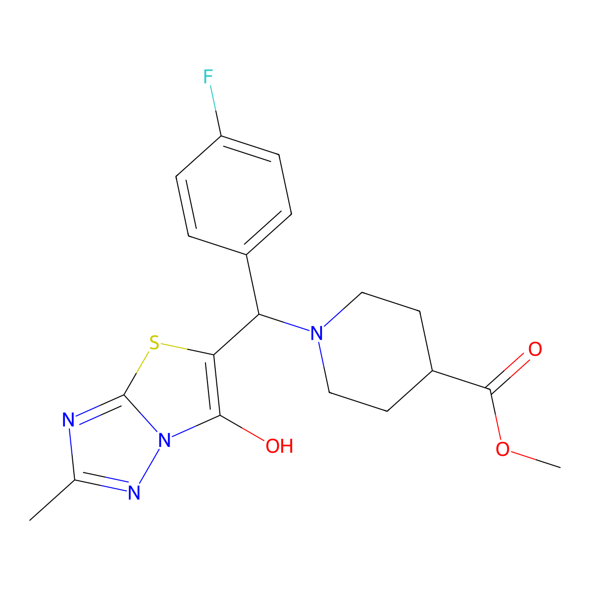 Methyl 1-((4-fluorophenyl)(6-hydroxy-2-methylthiazolo[3,2-b][1,2,4]triazol-5-yl)methyl)piperidine-4-carboxylate molecular structure, CAS 851810-65-6
