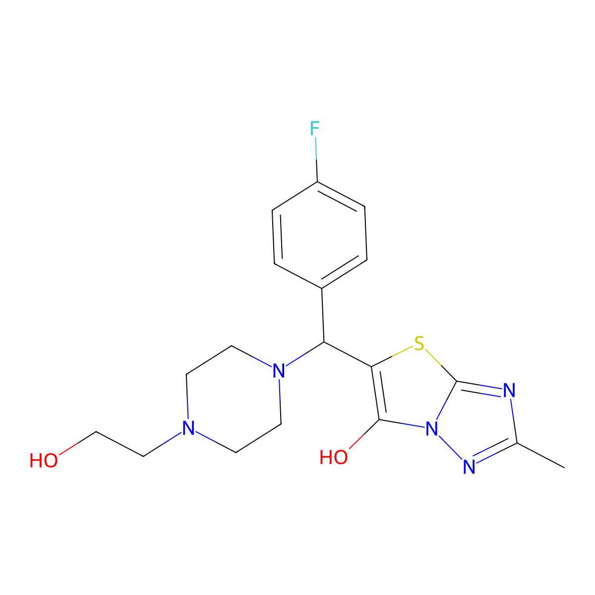 5-((4-Fluorophenyl)(4-(2-hydroxyethyl)piperazin-1-yl)methyl)-2-methylthiazolo[3,2-b][1,2,4]triazol-6-ol molecular structure, CAS 851810-77-0
